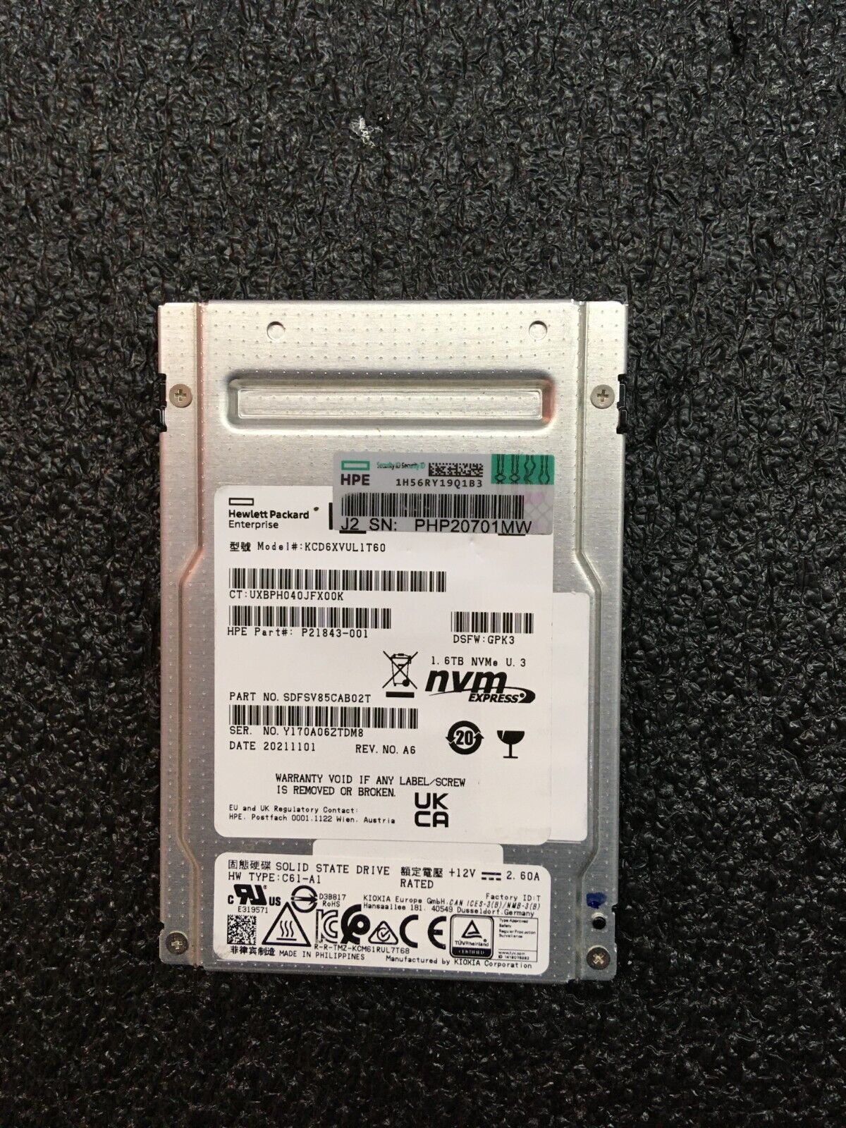 HPE P21843-001 1.6TB NVMe U.3 SSD KCD6XVUL1T60 | eBay HPE P21843-001 1.6TB NVMe U.3 SSD KCD6XVUL1T60 | eBay