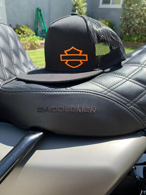 harley davidson themed snapback hat breathable / trucker black with orange logo.