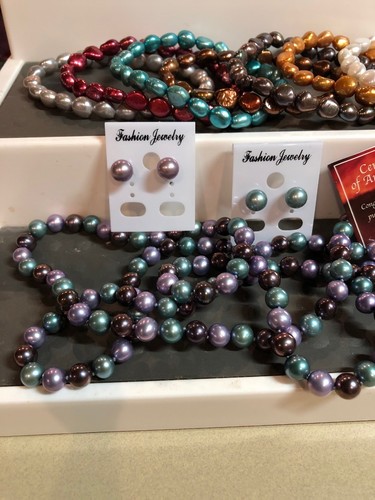 Mandarin 54” Necklace Iridescent Fresh Water Pearls-2 earrings-10 Bracelet Set