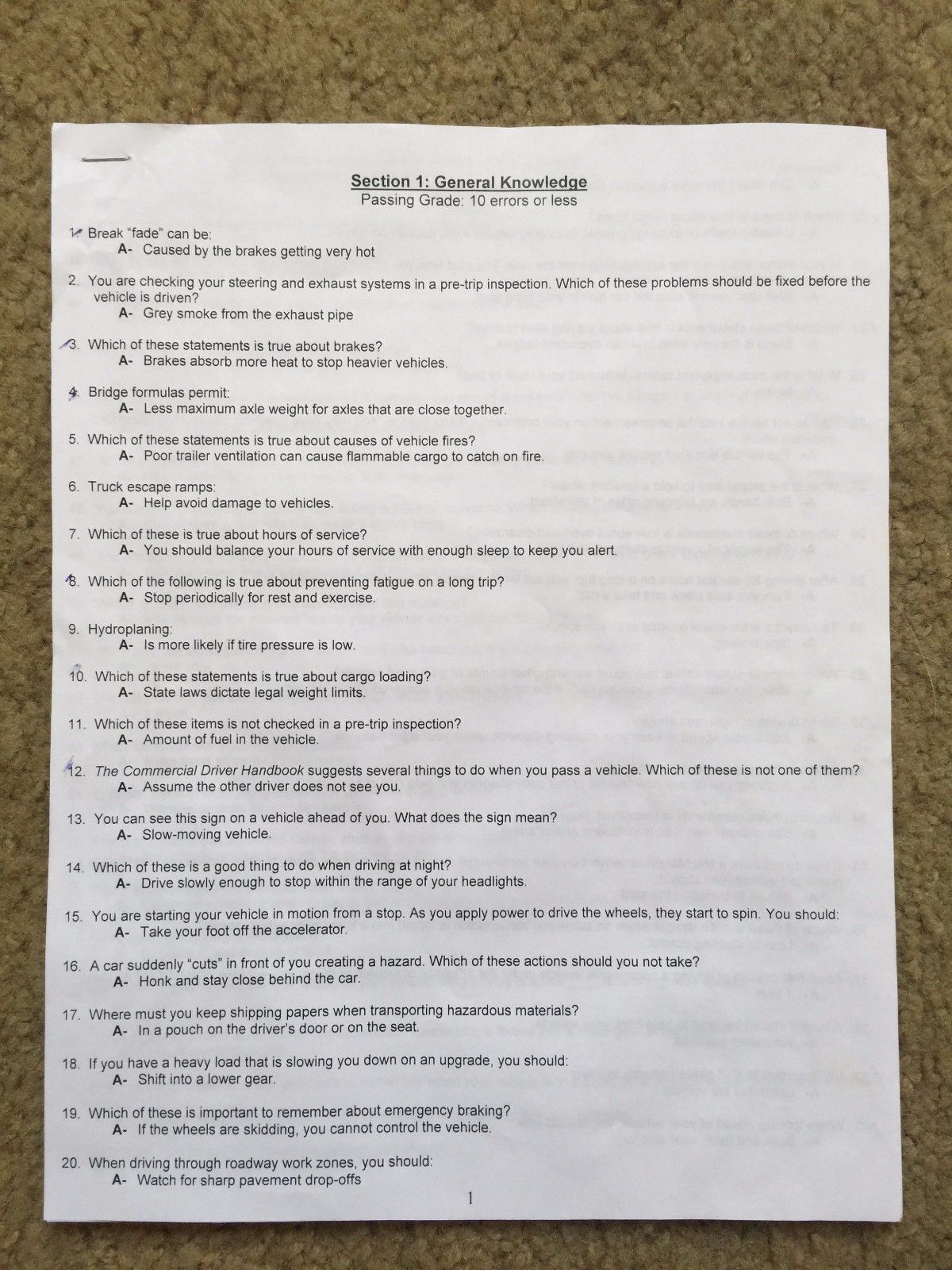 DMV Commercial Class A &amp; B License General Knowledge Written Test 