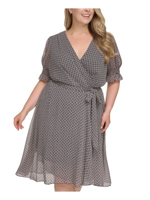 TOMMY HILFIGER Womens Black Lined Cuffs Tie-belt Midi Dress Plus 14W