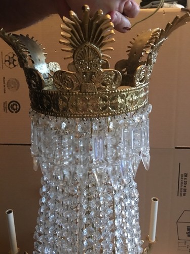 Antique Vintage Brass French Empire Crystal Directoire Beaded Basket Chandelier