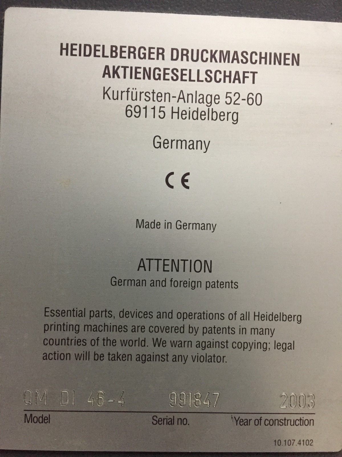 Heidelberg DI Pro Offset Press , QMDI46-4,  (Year 2003) ONLY 3 Million Imp
