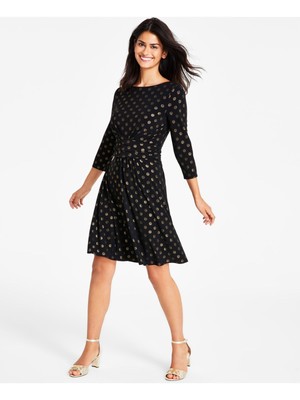 TOMMY HILFIGER Womens Black Crossover Waist 3/4 Sleeve Fit + Flare Dress 4