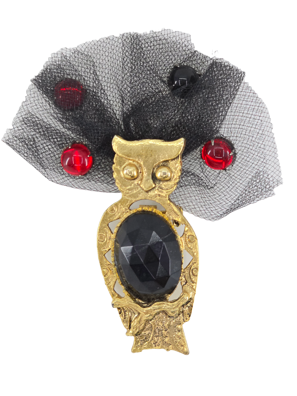 VTG RARE BLACK FACETED STONE with CABOCHON & TULLE ACCENT GOLD TONE OWL BROOCH