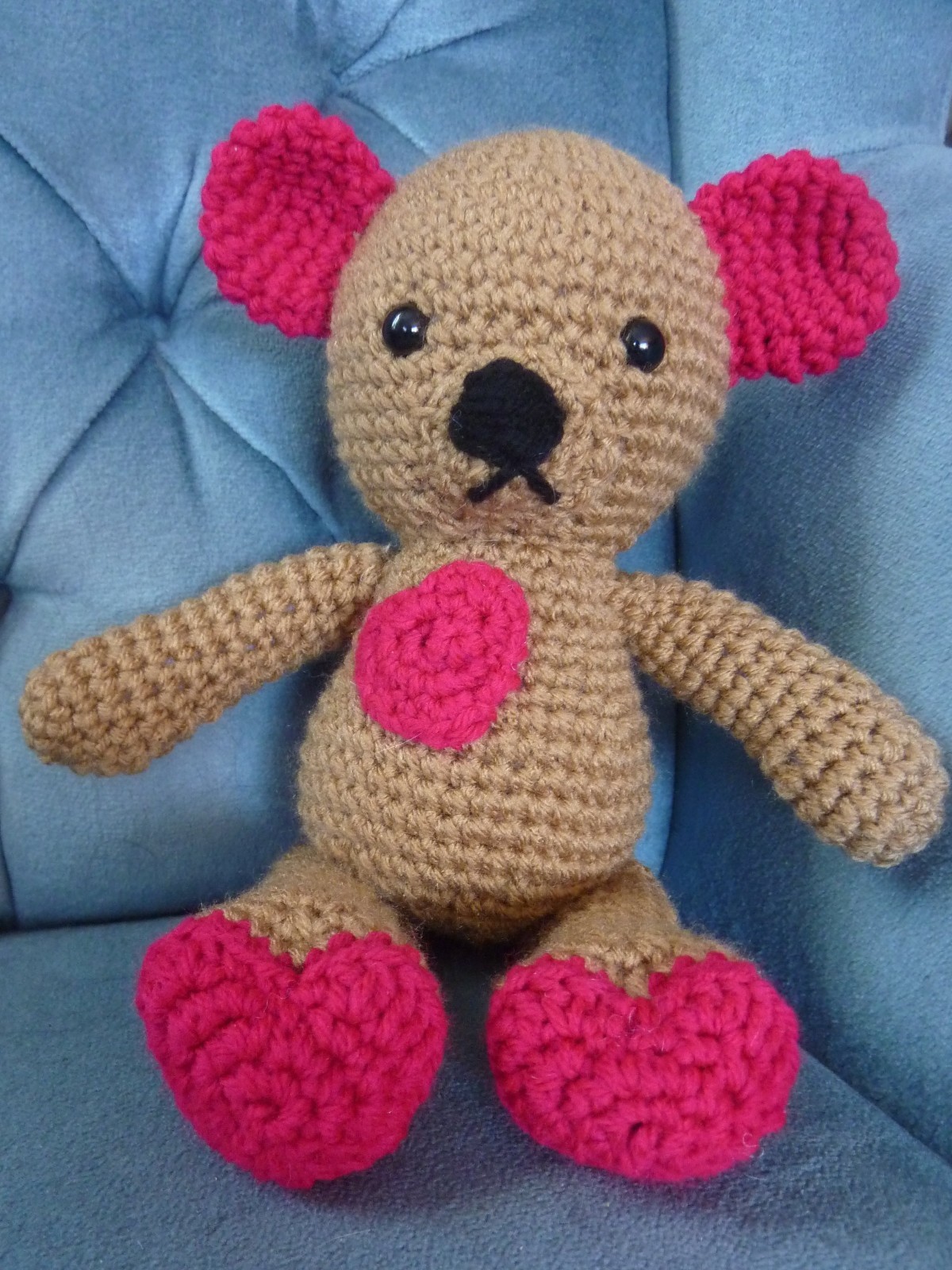 Handmade Crochet Brown Red Heart Teddy Bear Stuffed Animal Toy