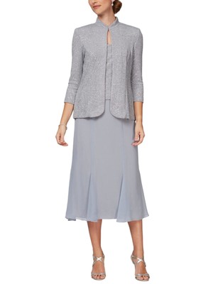 

ALEX EVENINGS Женское серебряное платье-жакет с открытым передом Petites, Серебряный