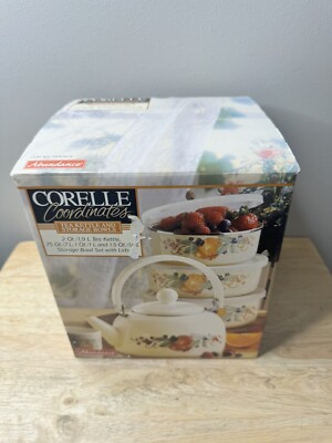 Vintage Corelle Abundance Kettle And 3 Storage Bowls All With Lids NIB