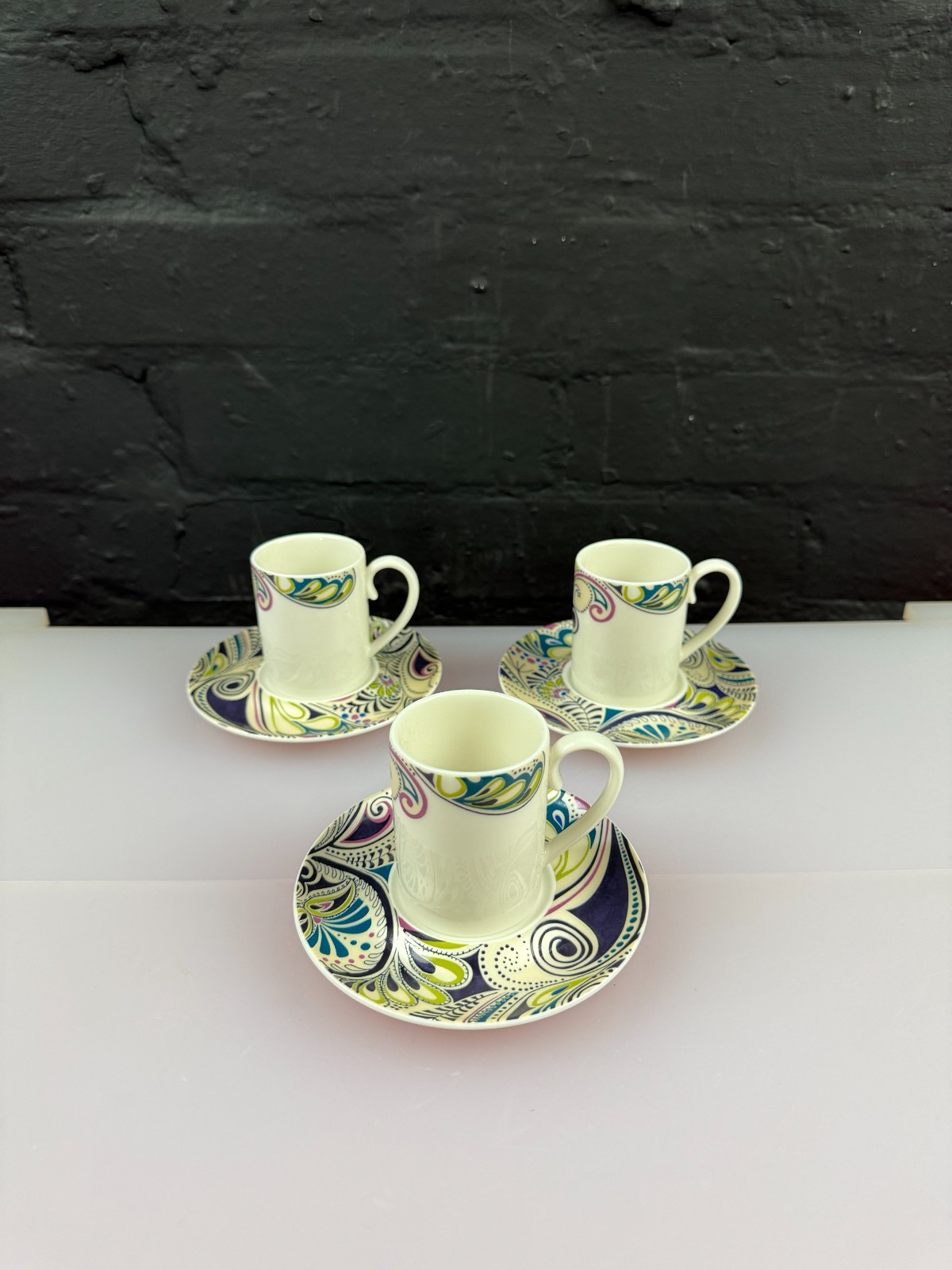 Denby Monsoon Cosmic Coffee Expresso Cups and Saucers Set of 3
