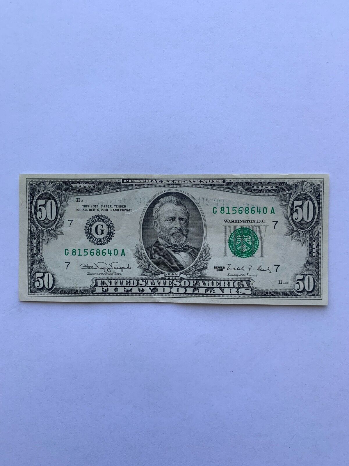 1990 $50 fifty dollar bill Used U.S. Currency Serial Number 1990 $50 fifty dollar bill Used U.S. Currency Serial Number