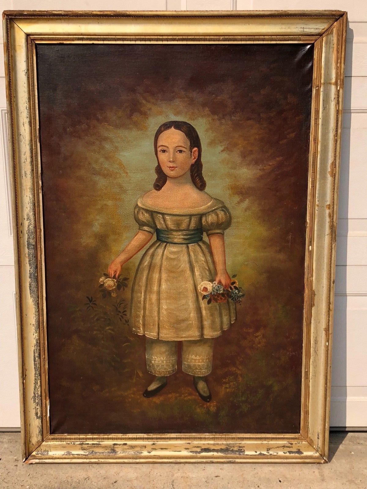 Large 19thC Antique Folk Art O/C Portrait Painting Young Girl Standing Circa1850