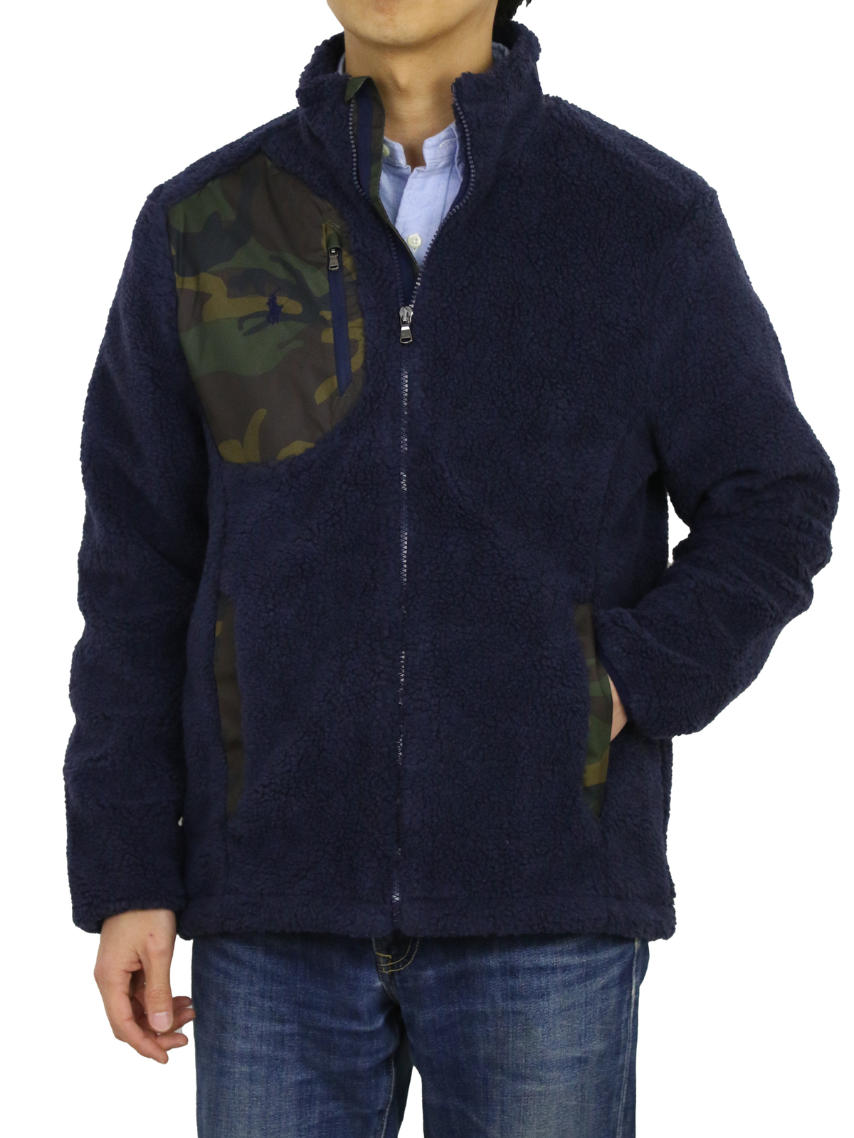 Флисовая куртка Polo Ralph Lauren в стиле ретро на молнии с камуфляжным карманом - Темно-синий