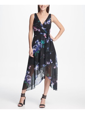 

Женское черное вечернее платье-футляр миди без рукавов с цветочным принтом DKNY, Черный