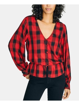 Женский топ SANCTUARY в красную клетку с длинным рукавом и V-образным вырезом XS