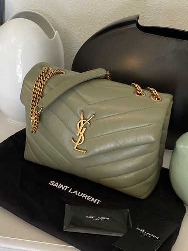 【関税&送料込】Saint Laurent Olive Green Velvet Small Loulo Saint Laurent Green Crushed Velvet Small Loulou Puffer Bag