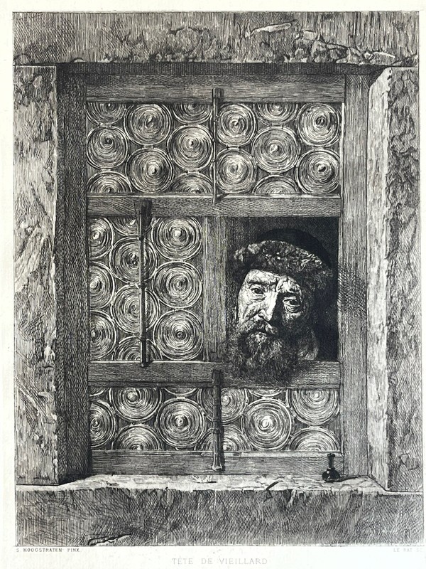 Hoogstraten Gravure Eau Forte Etching Portrait Homme Fenetre Porte Bois Sculptee