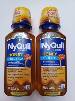 Lot Of 2 Vicks NyQuil Severe Honey Cold and Flu Medicine 8oz Ea Exp-09/25