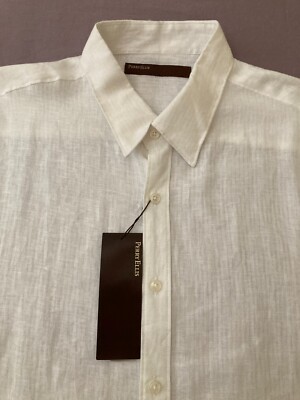 Men's PERRY ELLIS White Linen Short Sleeve S/S Shirt XXL NWT NEW Subtle Stripe