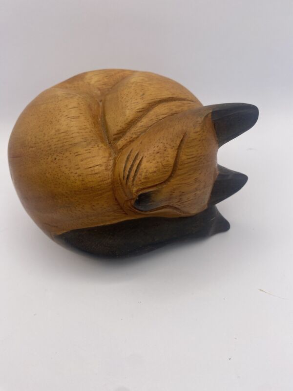 Vintage Carved Solid Wood Siamese Cat Sleeping Curled Up 4.5" Signed handmade