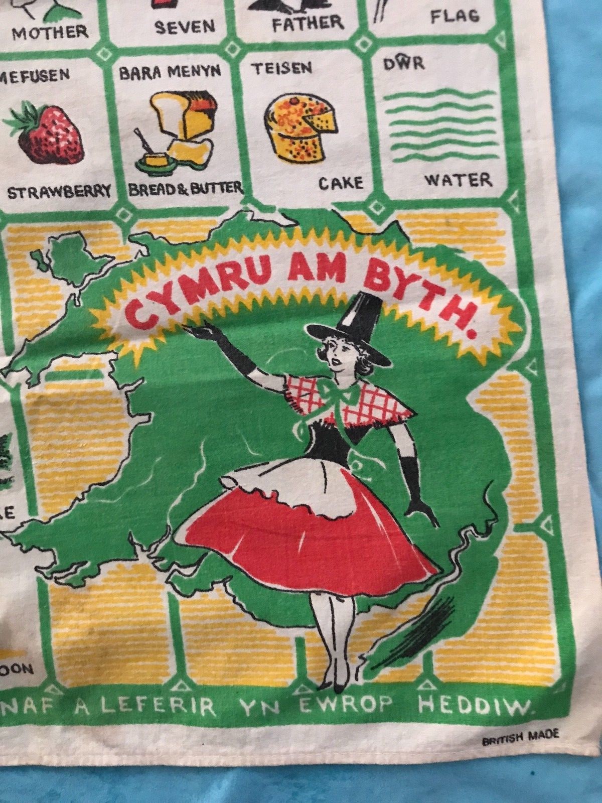WELSH LANGUAGE in Europe TEA TOWEL  VINTAGE  British Made  All Cotton