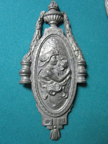 Antique Pewter Metal Oval Plaque Finial Art Nouveau Maiden 8 1/2x 4" Original