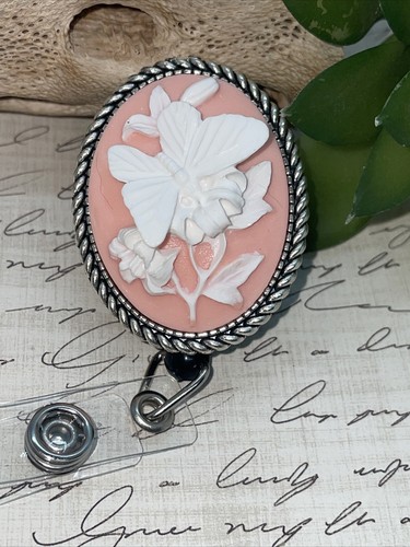 3D  Pink Butterfly Cameo Retractable Reel ID Card Badge Holder Key Chain Ring