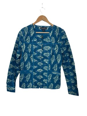 Lucky Brand Live In Love Womens Quilted Full Zip Jacket Floral Teal Blue Medium