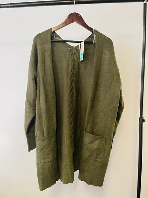 Nine 1 Eight Veronica Lace Up Back Two Pocket Cardigan Olive 1X