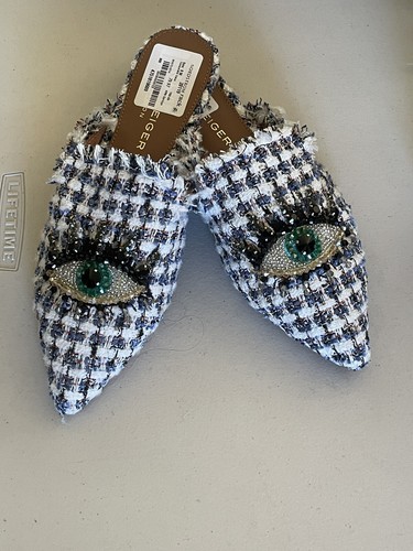 KURT GEIGER LONDON THE OLIVE EYE TWEED MULE SANDALS IN WHITE
