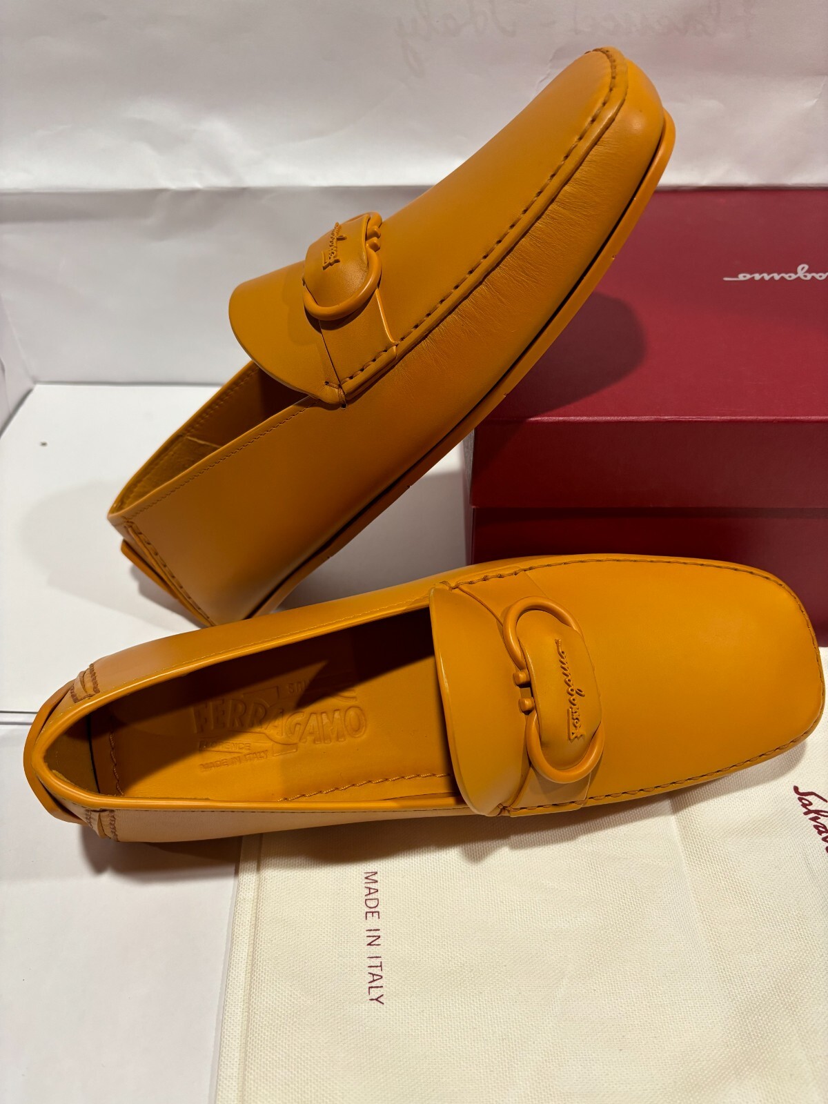 Pre-owned Ferragamo Mens Leather Shoes8d "palinuro" Driving Loafers Gancini In Green