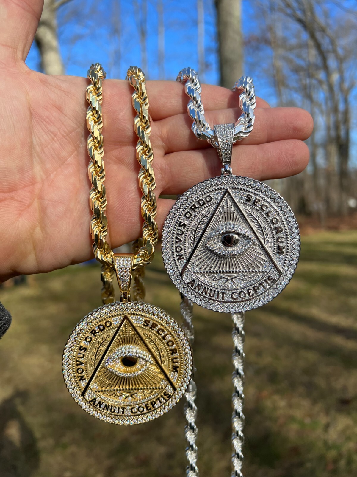 Pre-owned Harlembling Moissanite Huge 3" All Seeing Illuminati Eye Masonic Medallion Necklace Silver