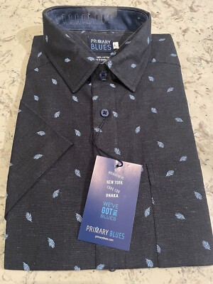 Primary Blues Men s Short Sleeve Collared Shirt SLIM FIT LARGE NWT