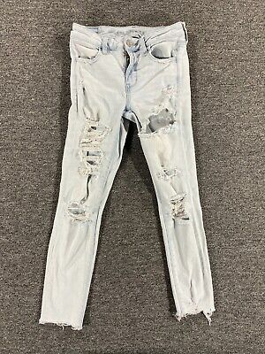 American Eagle Jeans Womens Sz 4 Light Blue Super Stretch Jeggings Distressed 