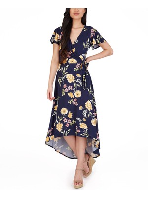 

BCX DRESS Женское темно-синее платье макси с короткими рукавами и завязками с искусственным запахом для юниоров, Navy