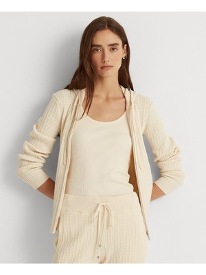 

Женский бежевый свитер с капюшоном и длинными рукавами в рубчик с карманами и молнией RALPH LAUREN