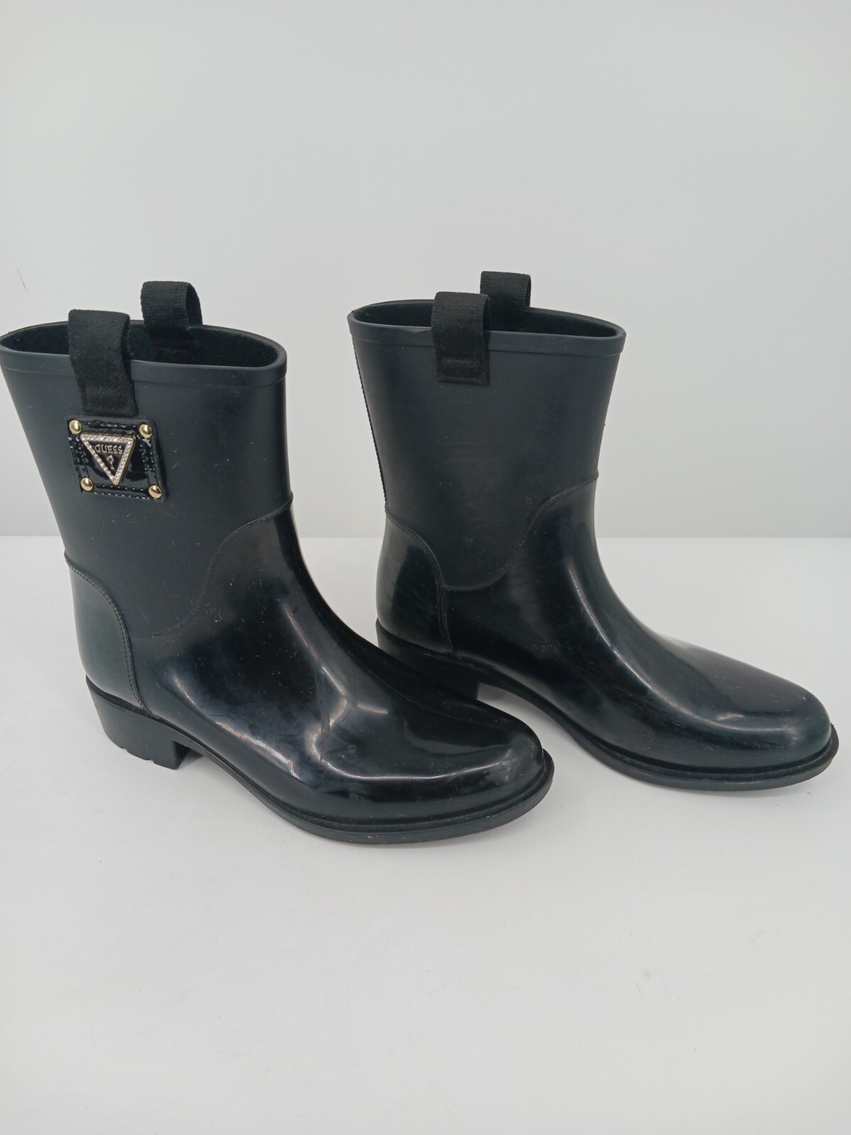 Guess Womens Boots Size 7 Boot Black Rain Pull On Tab Stacked Heel Low Mid-Calf