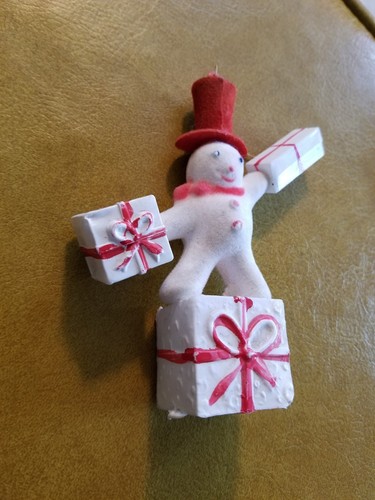 Vintage Lg Blow Mold Flock Christmas Ornament Snowman Top w/ Presents Modern Red