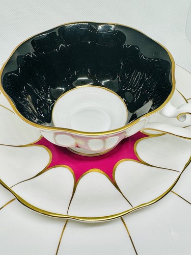 Vintage Royal Albert Trio Tea Cup Saucer Dessert Plate Pink Black Gold on White