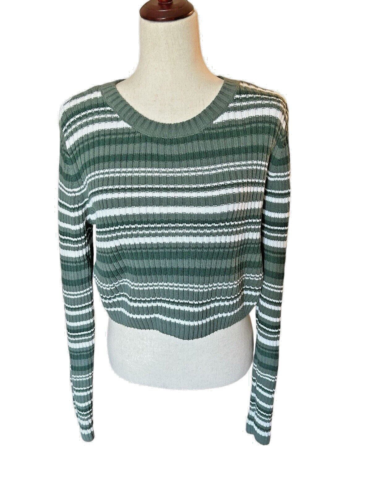 HOLLISTER Crewneck Green Striped Cropped Knit Sweater Women's Size XL
