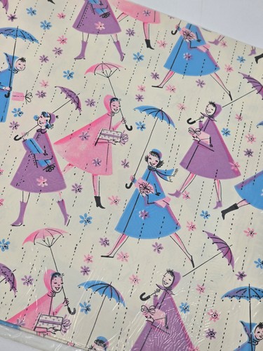 VTG Retro Dennison Gift Wrap Wrapping Paper Baby Shower Umbrella Pink Blue