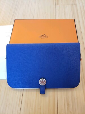 Hermes DOGON DUO WALLET Electric Blue Togo Calfskin Leather with Coin Pouch, New