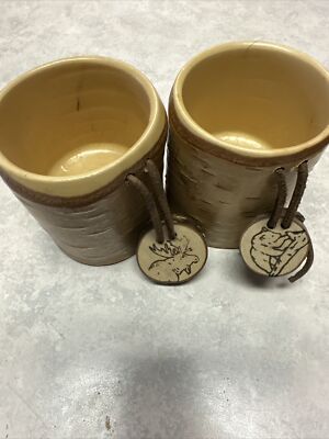 2 Norske Graver Arctic Birch wood Cups mugs with bark from Norway! Moose & Bear