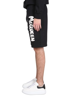 Pre-owned Alexander Mcqueen Bermuda Shorts With Graffiti Logo Print In White/black