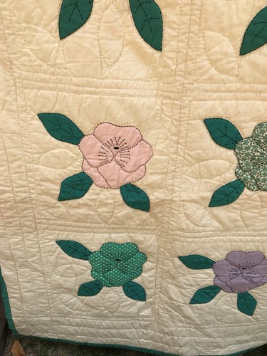 Vintage Quilt Field of Flowers applique embroidery antique rabbits