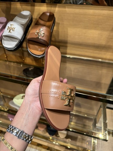 Pre-owned Tory Burch Everly Calf Leather Gold Logo Slide Sandals All Sizes Available