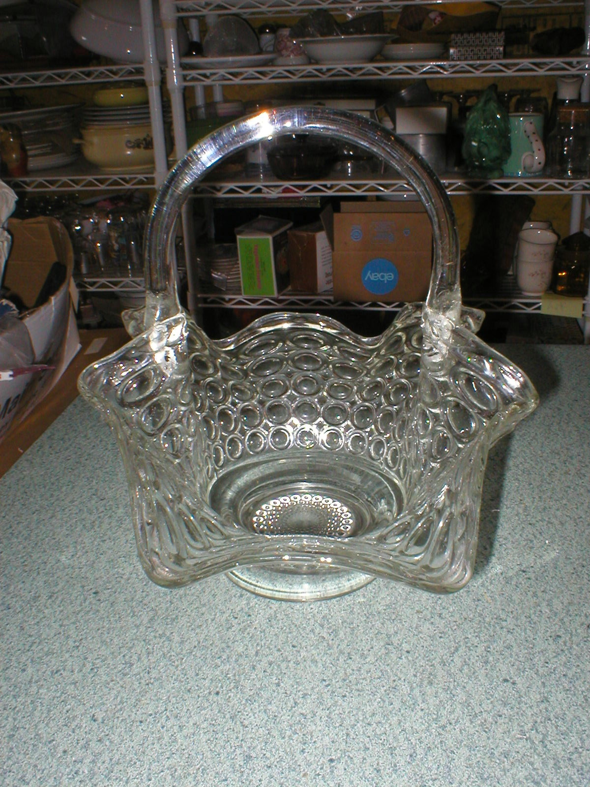 VTG Clear Glass Basket W/Circles Applied Handle Dish Bowl 11