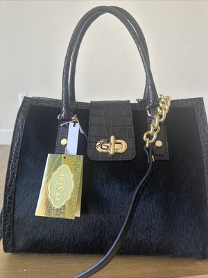 CAVALCANTI Collections Black Leather  Calf Hair satchel ,Very Fancy!