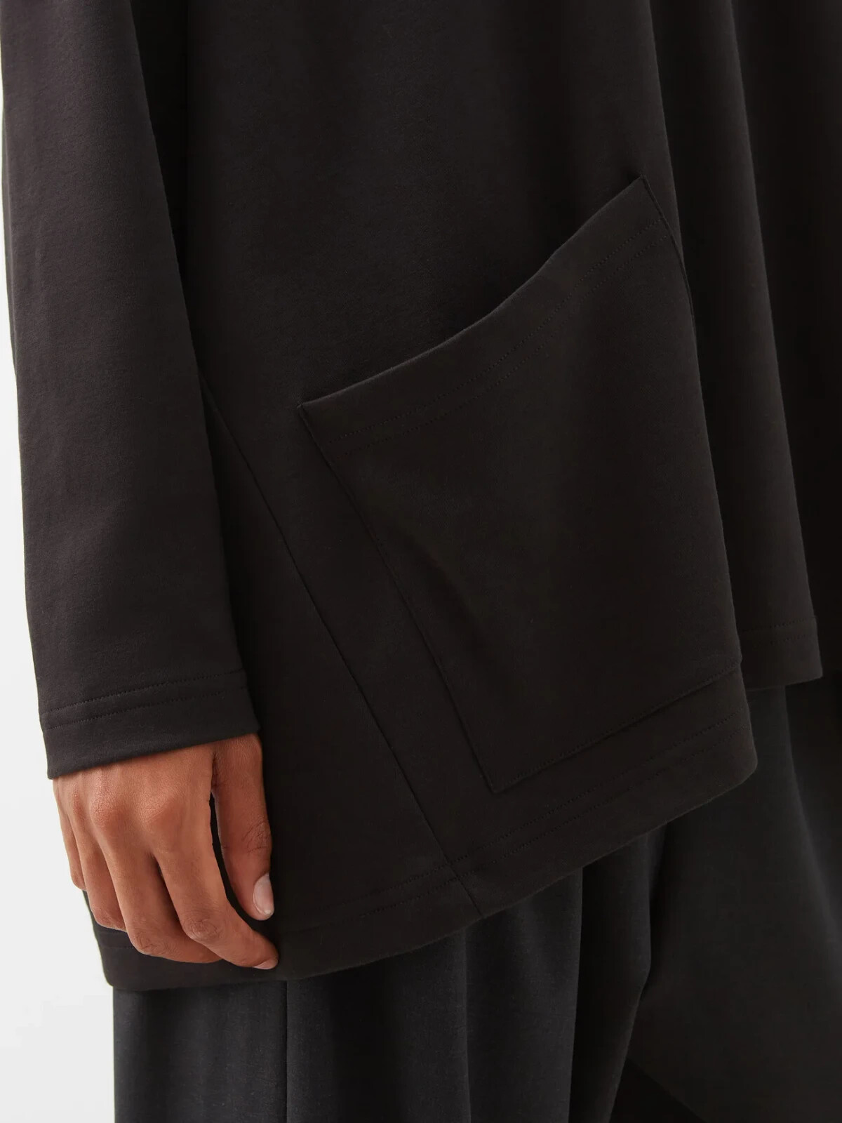 Pre-owned Eskandar Black V-neck Mid Weight Pima Cotton 32" Long Top W/pocket O/s