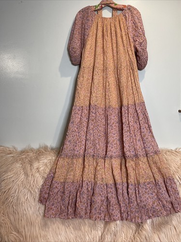 Pre-owned Free People X Spell & The Gypsy Collective Free People Spell Rae Gown Puff Sleeve Printed Tiered Maxi Dress M In Pink