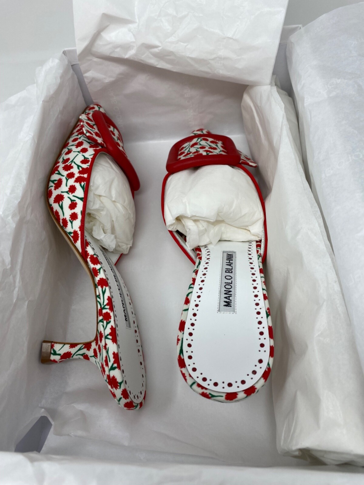 Pre-owned Manolo Blahnik Maysalebi Buckle Red Floral 50mm Pointy Toe Mule, Us 6, 36 Eu